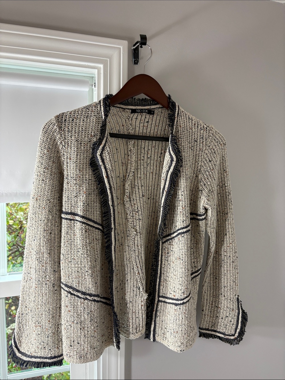 NIC+ZOE Cream Knit Cardigan with Black Trim and Fringe